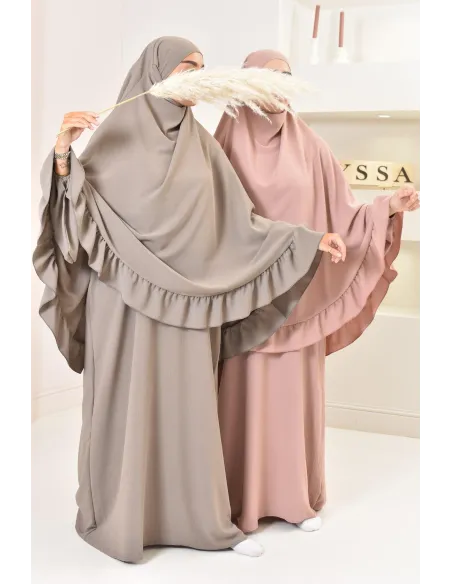 Ensemble abaya khimar 1m80 en jazz, khimar long avec froufrou