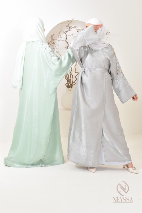 Ensemble abaya Dubaï kimono gris perle en organza Neyssa Shop