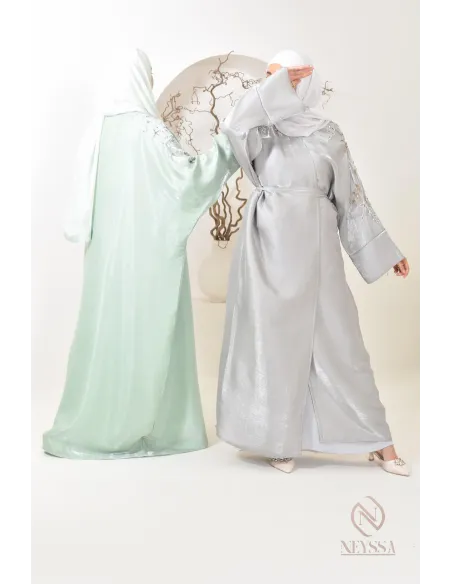 Ensemble abaya Dubaï kimono gris perle en organza Neyssa Shop