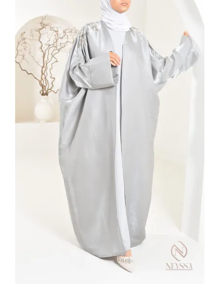 Ensemble abaya Dubaï kimono gris perle en organza Neyssa Shop