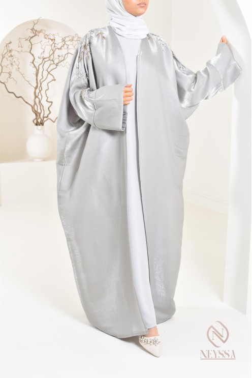 Ensemble abaya Dubaï kimono gris perle en organza Neyssa Shop