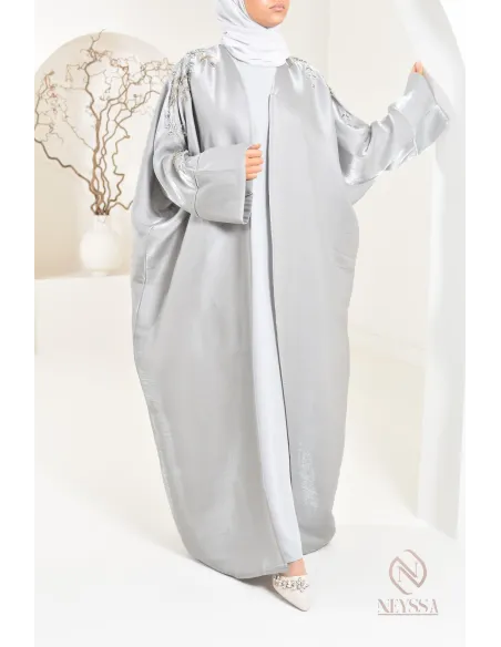 Ensemble abaya Dubaï kimono gris perle en organza Neyssa Shop