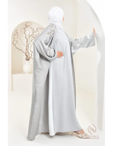Ensemble abaya Dubaï kimono gris perle en organza Neyssa Shop
