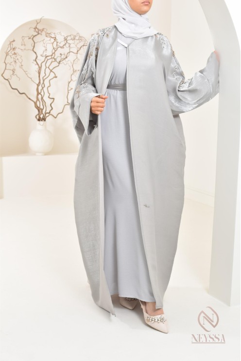 Ensemble abaya Dubaï kimono gris perle en organza Neyssa Shop