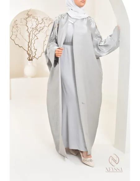 Ensemble abaya Dubaï kimono gris perle en organza Neyssa Shop