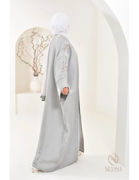 Ensemble abaya Dubaï kimono gris perle en organza Neyssa Shop