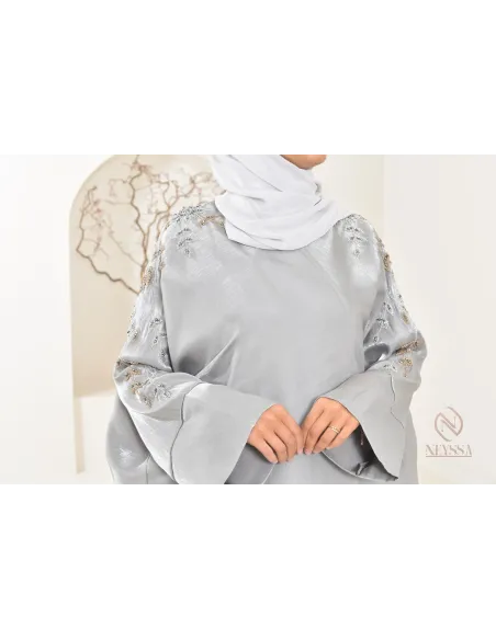 Ensemble abaya Dubaï kimono gris perle en organza Neyssa Shop