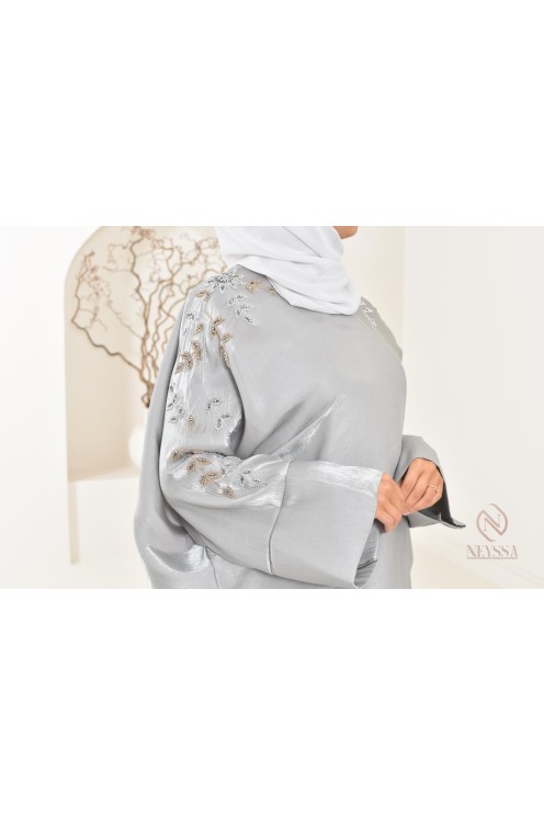 Ensemble abaya Dubaï kimono gris perle en organza Neyssa Shop
