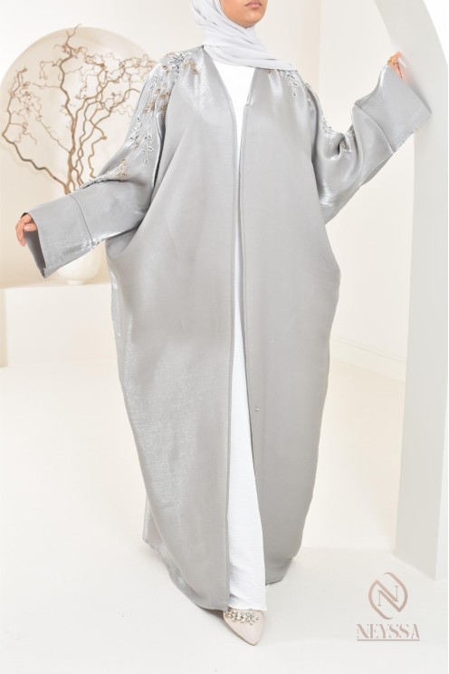 Ensemble abaya Dubaï kimono gris perle en organza Neyssa Shop