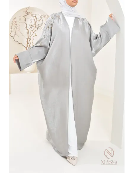 Ensemble abaya Dubaï kimono gris perle en organza Neyssa Shop