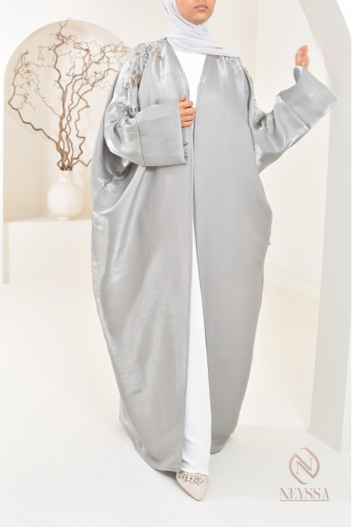 Ensemble abaya Dubaï kimono gris perle en organza Neyssa Shop