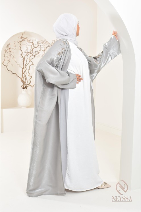 Ensemble abaya Dubaï kimono gris perle en organza Neyssa Shop
