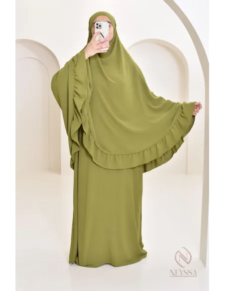 Ensemble abaya khimar soie de Jazz, khimar long avec froufrou