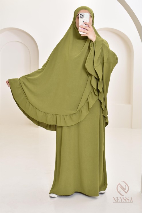 Ensemble abaya khimar soie de Jazz, khimar long avec froufrou