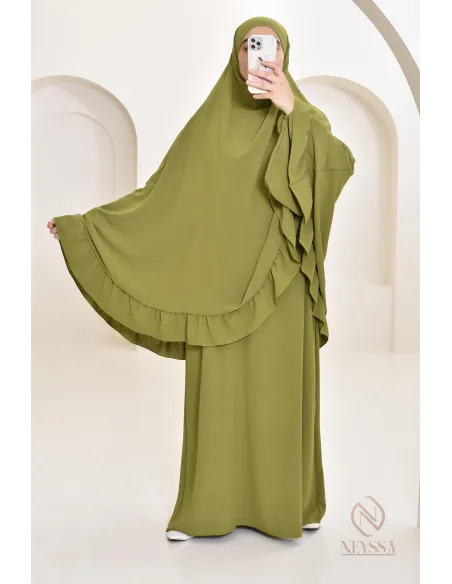 Ensemble abaya khimar soie de Jazz, khimar long avec froufrou
