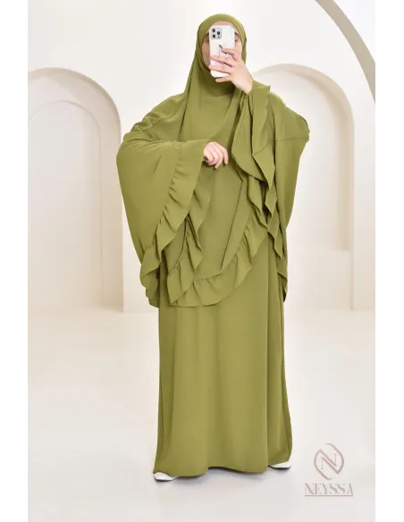 Ensemble abaya khimar soie de Jazz, khimar long avec froufrou