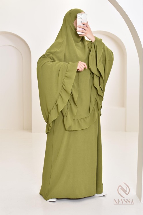 Ensemble abaya khimar soie de Jazz, khimar long avec froufrou