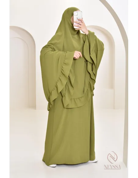 Ensemble abaya khimar soie de Jazz, khimar long avec froufrou