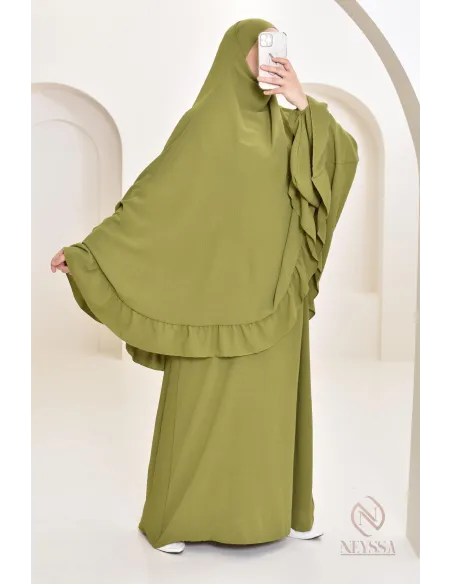 Ensemble abaya khimar soie de Jazz, khimar long avec froufrou