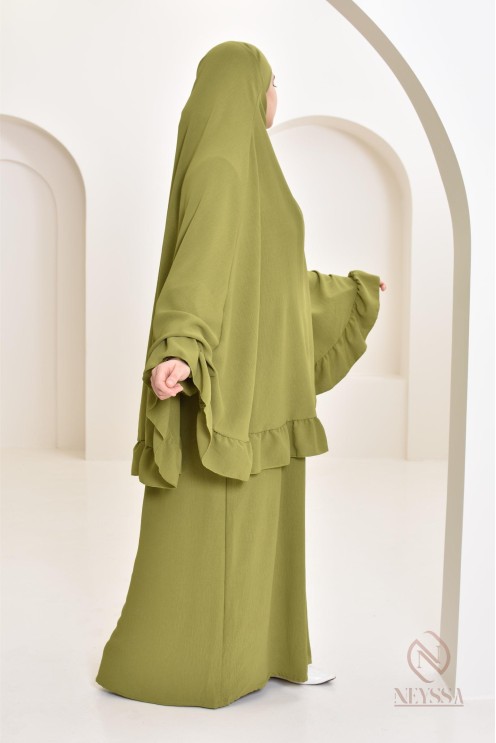 Ensemble abaya khimar soie de Jazz, khimar long avec froufrou