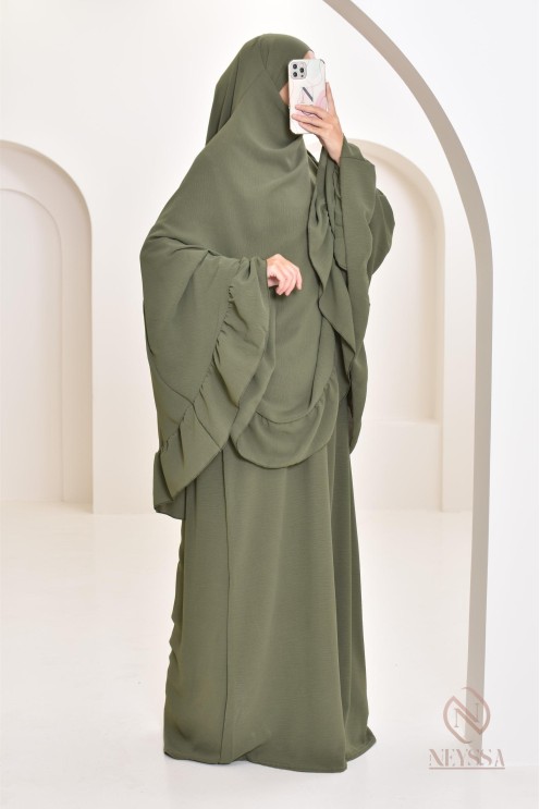 Ensemble abaya khimar soie de Jazz, khimar long avec froufrou