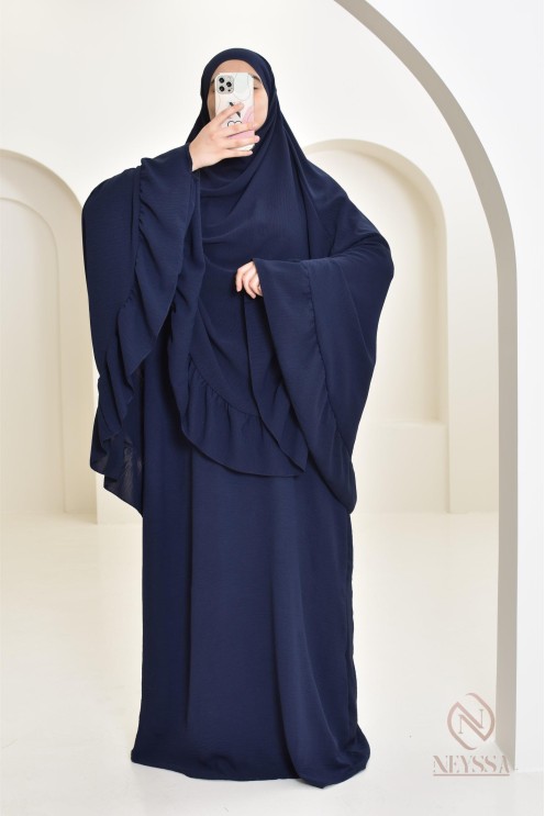 Ensemble abaya khimar soie de Jazz, khimar long avec froufrou