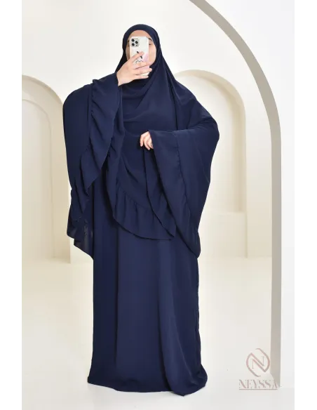 Ensemble abaya khimar soie de Jazz, khimar long avec froufrou
