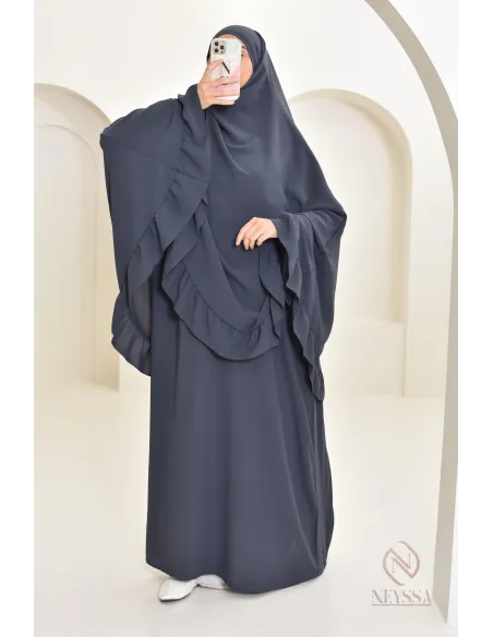 Ensemble abaya khimar soie de Jazz, khimar long avec froufrou