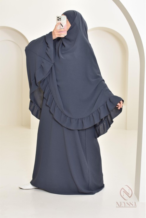 Ensemble abaya khimar soie de Jazz, khimar long avec froufrou