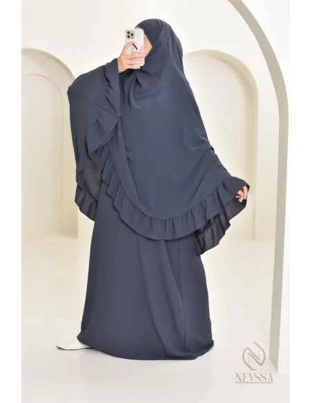Ensemble abaya khimar soie de Jazz, khimar long avec froufrou