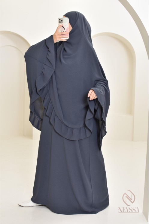 Ensemble abaya khimar soie de Jazz, khimar long avec froufrou