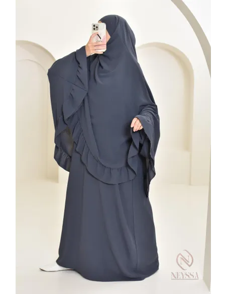 Ensemble abaya khimar soie de Jazz, khimar long avec froufrou