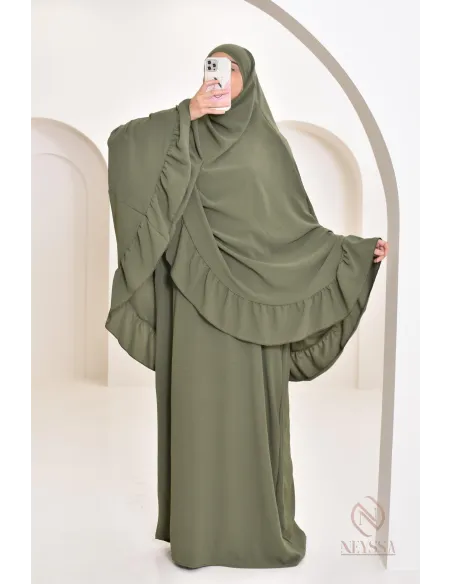 Ensemble abaya khimar soie de Jazz, khimar long avec froufrou