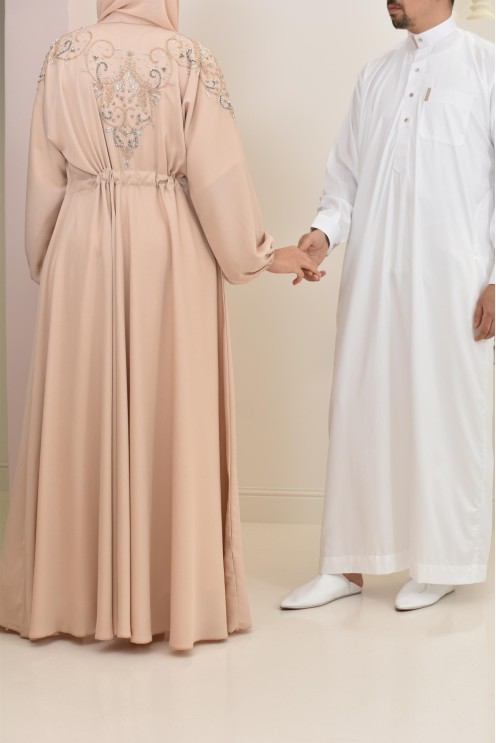 Abaya umbrella Dubai Beige mit Perlenstickerei 