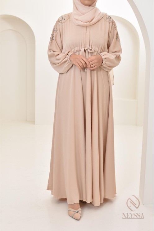 Abaya umbrella Dubai Beige mit Perlenstickerei 