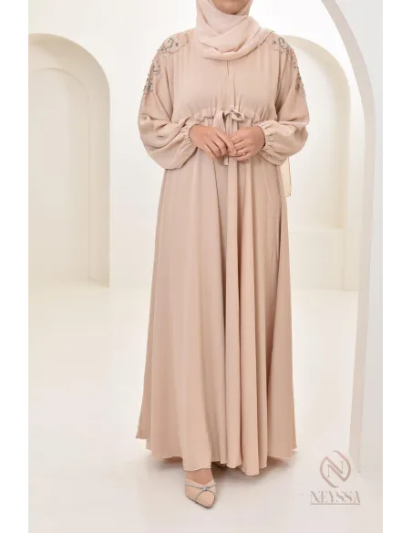 Abaya umbrella Dubai Beige mit Perlenstickerei 