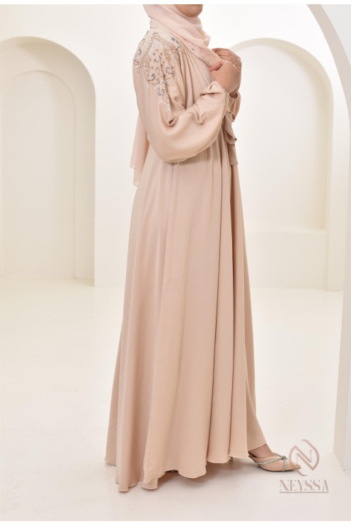 Abaya umbrella Dubai Beige mit Perlenstickerei 