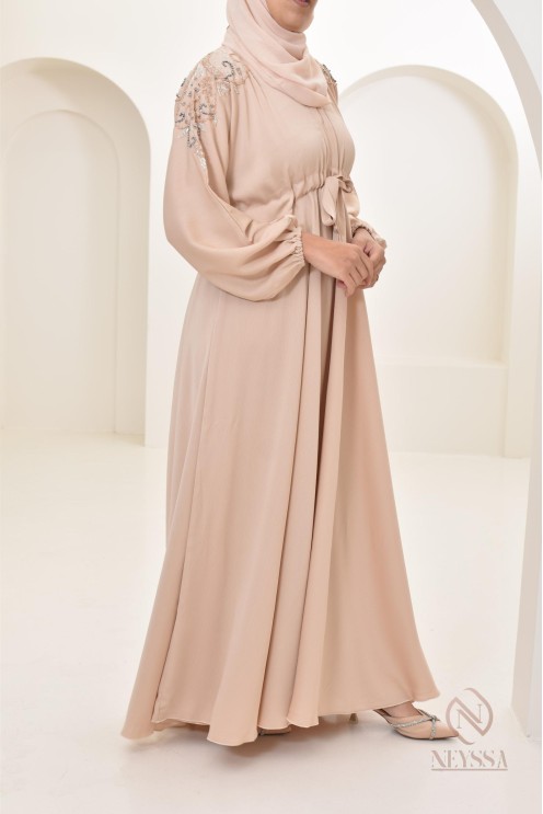 Abaya umbrella Dubai Beige mit Perlenstickerei 