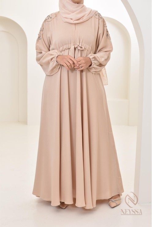Abaya umbrella Dubai Beige mit Perlenstickerei 