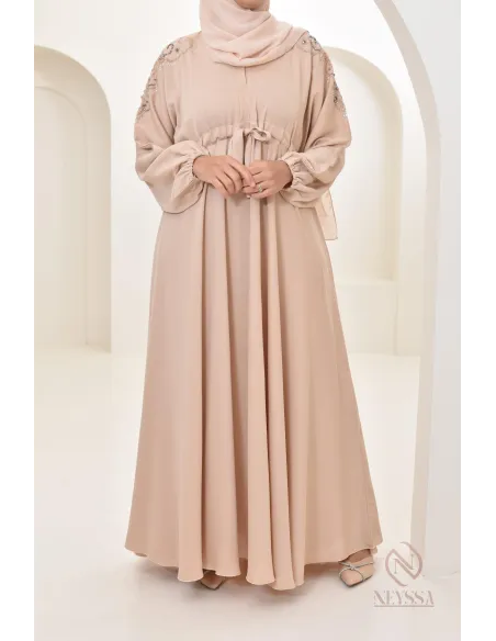 Abaya umbrella Dubai Beige mit Perlenstickerei 