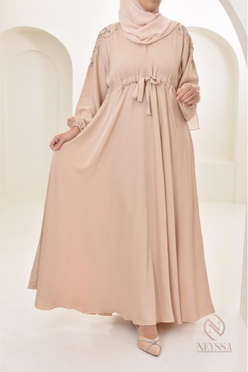 Abaya umbrella Dubai Beige mit Perlenstickerei 