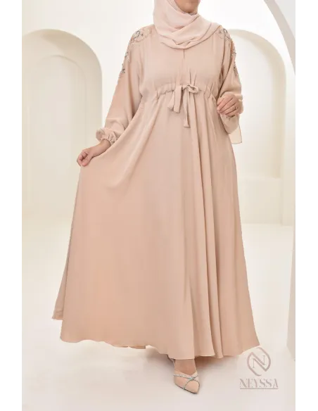 Abaya umbrella Dubai Beige mit Perlenstickerei 