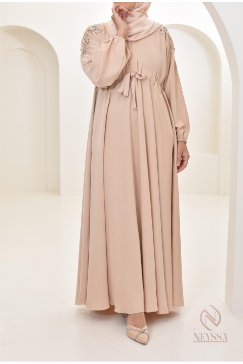 Abaya umbrella Dubai Beige mit Perlenstickerei 