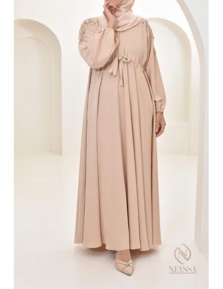Abaya umbrella Dubai Beige mit Perlenstickerei 