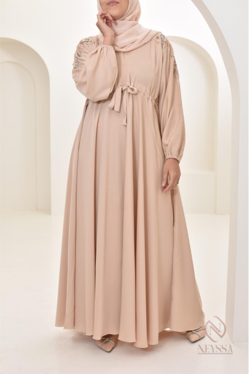 Abaya umbrella Dubai Beige mit Perlenstickerei 