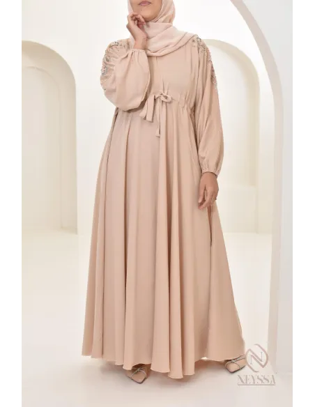 Abaya umbrella Dubai Beige mit Perlenstickerei 