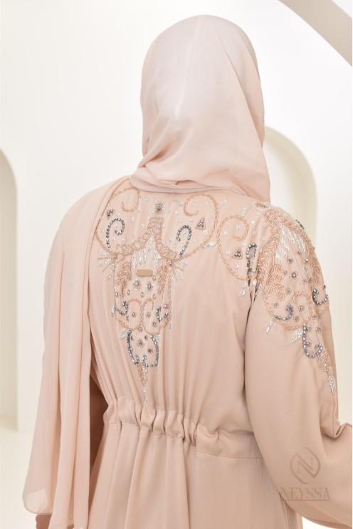 Abaya umbrella Dubai Beige mit Perlenstickerei 