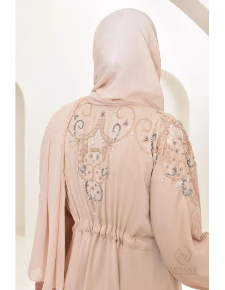 Abaya umbrella Dubai Beige mit Perlenstickerei 
