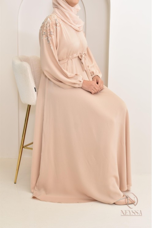 Abaya umbrella Dubai Beige mit Perlenstickerei 