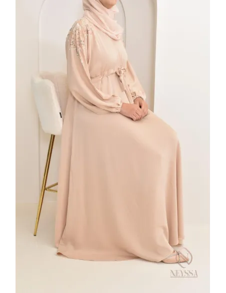 Abaya umbrella Dubai Beige mit Perlenstickerei 